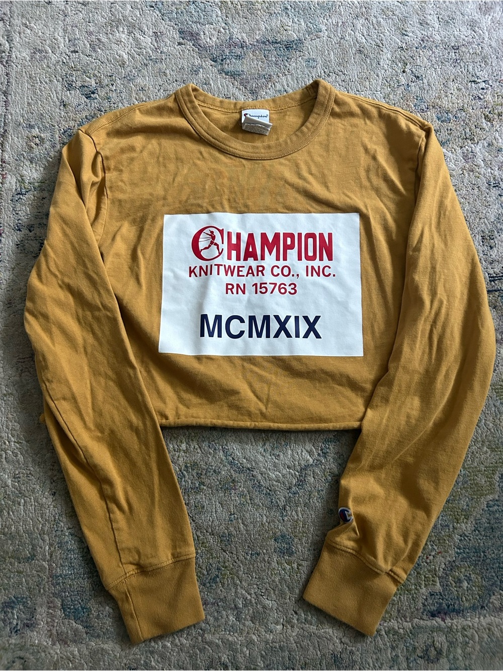 Champion Cropped Crewneck Sweatshirt in Mustard with Red & Navy Logo